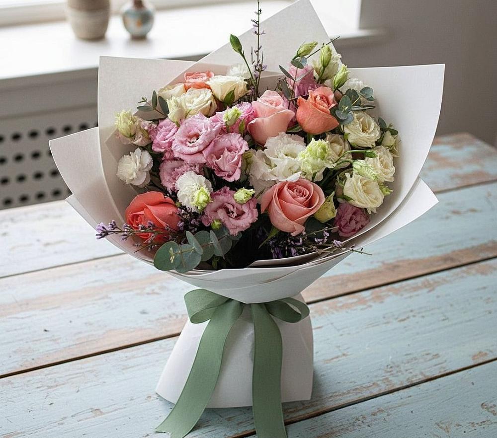 Букет цветов из: Розы, Лизиантусы и Гвоздики в Советском