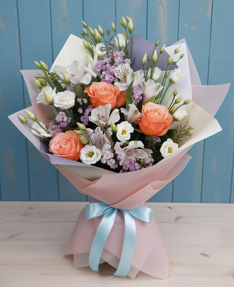 Букет цветов из: Лизиантусы, Розы, Альстромерии и Гипсофила в Советском