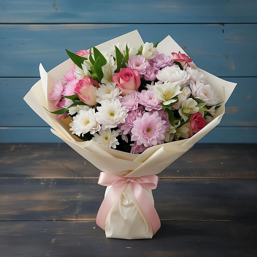 Букет цветов из: Хризантемы, Альстромерии и Розы в Советском